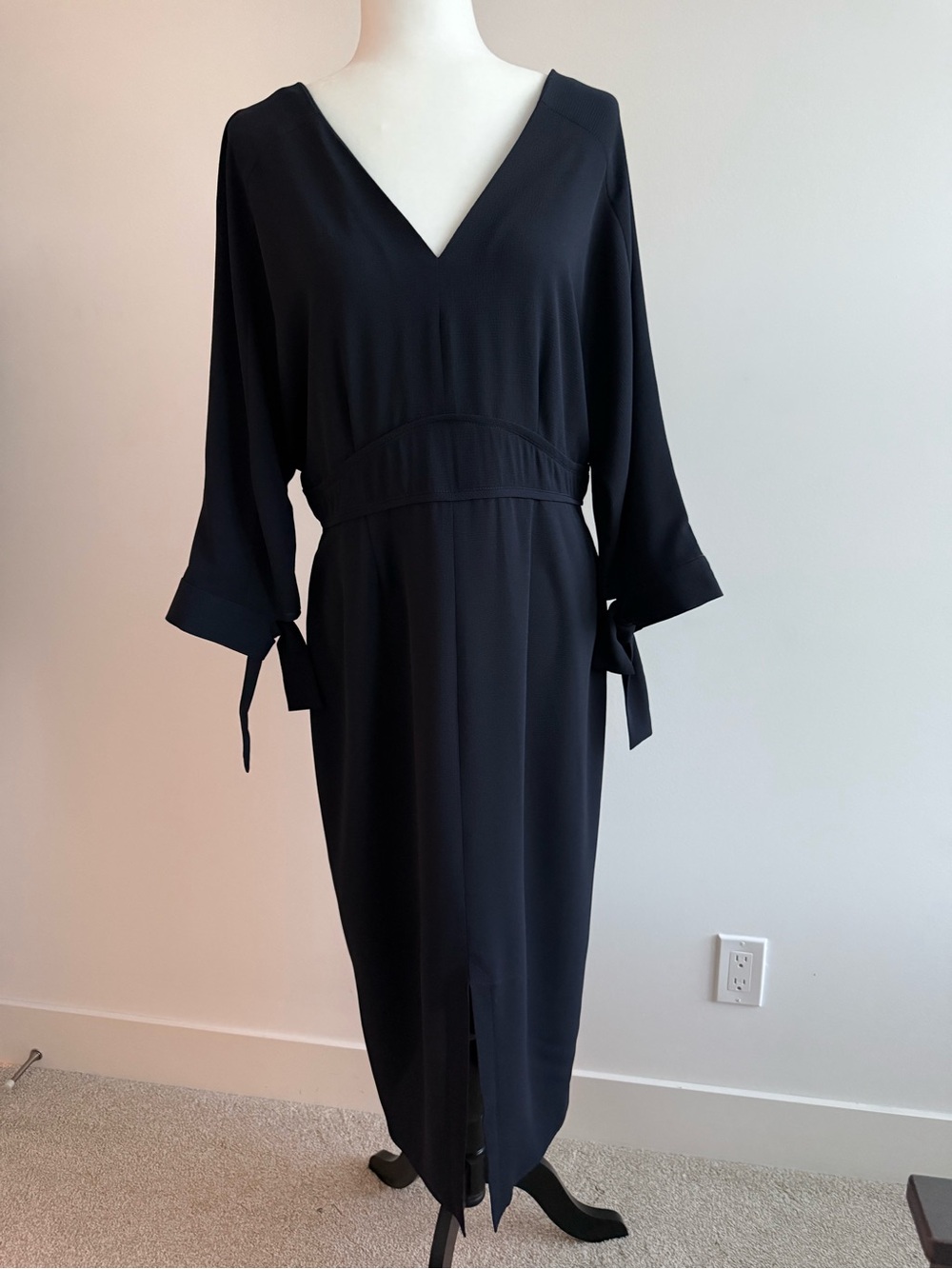 Iris Setlakwe Navy Midi Dress with V-Neck and Tie Sleeves & Front Slit